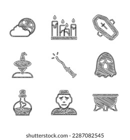 Set Magic wand, Priest, Halloween witch cauldron, Ghost, Bottle with potion, Witch, Coffin cross and Moon stars icon. Vector