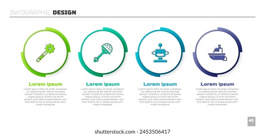 Set Magic wand, Rattle baby toy, Robot and Toy boat. Business infographic template. Vector