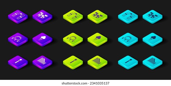 Set Magic wand, Roller coaster, Ice cream in waffle cone, Castle and Circus curtain raises icon. Vector