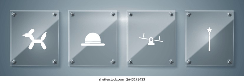 Set Magic wand, Seesaw, Clown hat and Balloon dog. Square glass panels. Vector