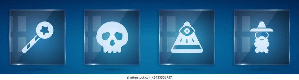 Set Magic wand, Skull, Masons and Wizard warlock. Square glass panels. Vector