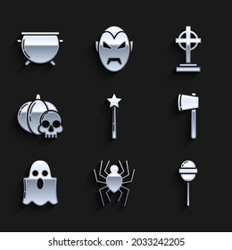 Set Magic wand, Spider, Lollipop, Wooden axe, Ghost, Pumpkin skull, Tombstone with cross and Halloween witch cauldron icon. Vector