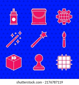 Set Magic Wand, Stamp, Grid Graph Paper, Paint Brush, Isometric Cube, Globe Of The Earth Gear And Spray Can Icon. Vector