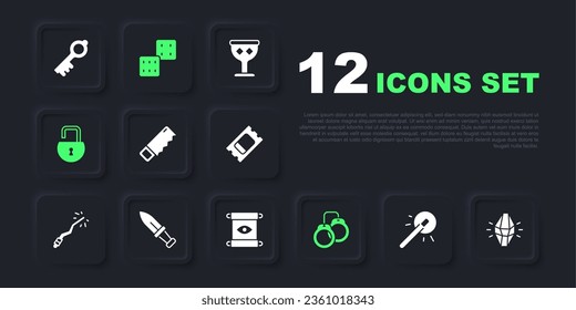 Establece varita mágica, piedra, sierra de mano, esposas, candado abierto, daga, dados de juego e icono de desplazamiento. Vector