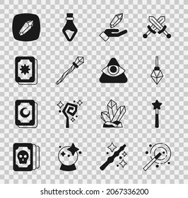 Set Magic wand, stone, staff, Tarot cards,  and All-seeing eye of God icon. Vector