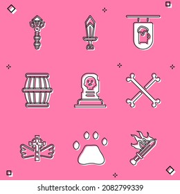Set Magic wand, Sword for game, Street Signboard with Bar, Gun polvo barrel, Grave tombstone, Crossed human bone, Christian cross y Bear paw footprint icon. Vector