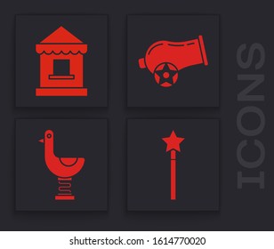 Set Magic wand, Ticket box office, Cannon and Riding kid duck icon. Vector