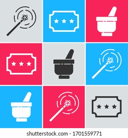 Set Magic wand, Ticket and Magic mortar and pestle icon. Vector