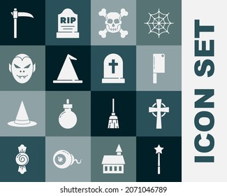Set Magic wand, Tombstone con cruz, Meat chopper, Skull cross bone, Witch hat, Vampire, Scythe e icon. Vector