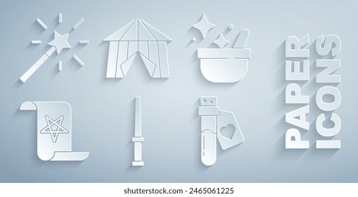 Set Magic wand, Witch cauldron, Ancient magic book, Bottle with love potion, Circus tent and  icon. Vector