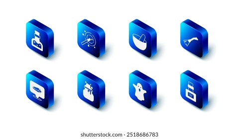 Set Magic wand, Witch cauldron, Witches broom, Bottle with potion, Ghost, stone and  icon. Vector