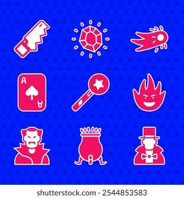 Conjunto Varita mágica, caldero de bruja, mago, llama de fuego, vampiro, cartas de juego, bola de fuego y icono de sierra de mano. Vector