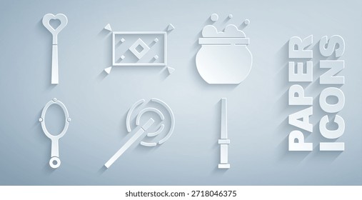 Set Magic wand, Witch cauldron, hand mirror, carpet and  icon. Vector
