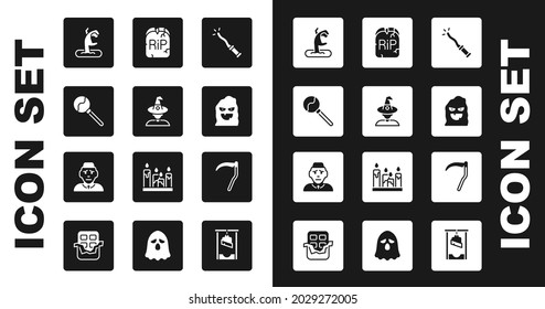 Set Magic Wand, Witch, Lollipop, Zombie Hand, Funny Scary Ghost Mask, Tombstone With RIP Written, Scythe And Priest Icon. Vector