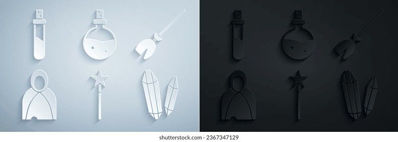 Set Magic wand, Witches broom, Mantle, cloak, cape, stone, Bottle with love potion and  icon. Vector