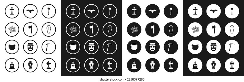 Set Magic wand, Wooden axe, Spider web, Tombstone with cross, Coffin christian, Flying bat, Scythe and Halloween witch cauldron icon. Vector
