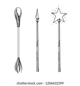 Set of magic wands. Outline vector illustration isolated on white background.