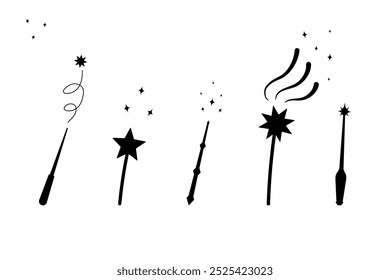Set of Magic wands with sparkle stars, fairy-tale wand, wizard line art vector logo. Magic stick vector outline icon. 