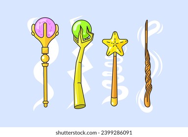 A set of magic wands and magic staffs-spheres. Flat vector illustration with outline.	