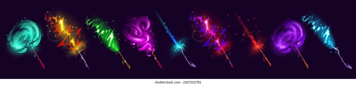 Set of magic wands with vfx light effect, wizard or witch sticks with glowing colorful beams of spell. Wooden and metal bizarre rods with sparkling trails. magician assets, Cartoon vector illustration