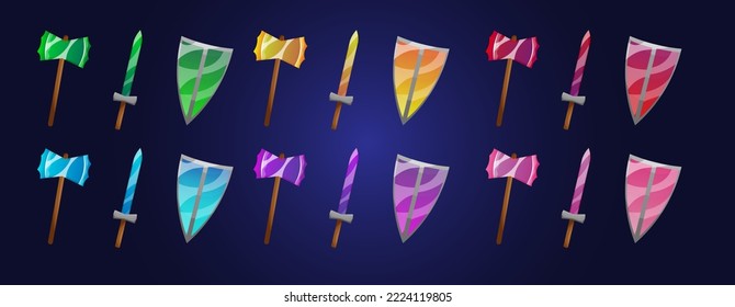 Conjunto de armas mágicas aisladas en el fondo en formato vector. equipos y activos de juego de fantasía rpg, ilustración vectorial de dibujos animados