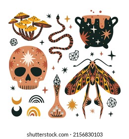 Set of magic and witchcraft design elements. Mystical hand drawn vector illustrations. 