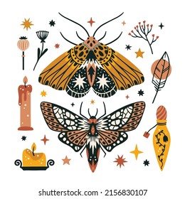 Set of magic and witchcraft design elements. Mystical moths hand drawn vector illustrations. 