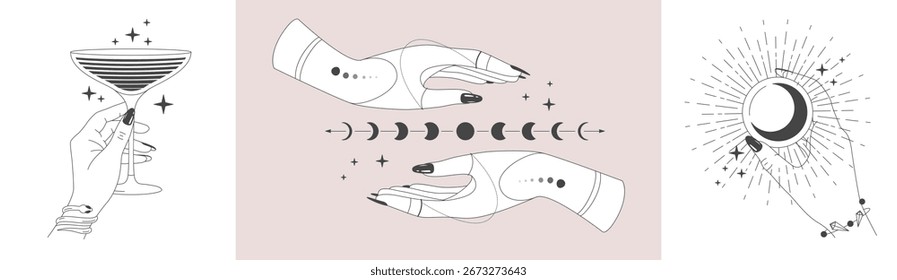 Set of magic witchcraft line art hands with tarot cards. Esoteric hand gesture logo. Vector illustration