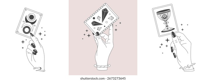 Set of magic witchcraft line art hands with tarot cards. Esoteric hand gesture logo. Vector illustration
