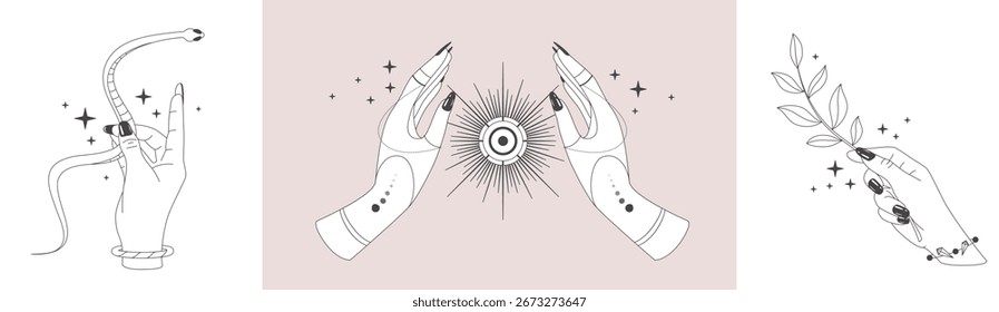 Conjunto de magia bruxaria linha arte mãos com cartas de tarô. Logotipo esotérico do gesto da mão. Ilustração vetorial