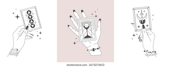 Conjunto de magia bruxaria linha arte mãos com cartas de tarô. Logotipo esotérico do gesto da mão. Ilustração vetorial