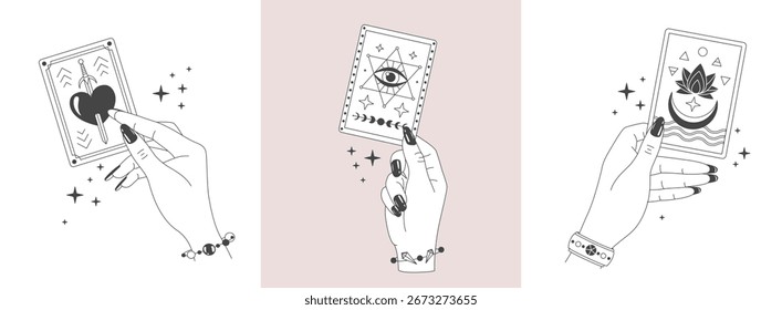 Set of magic witchcraft line art hands with tarot cards. Esoteric hand gesture logo. Vector illustration