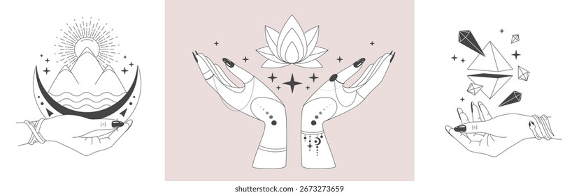 Set of magic witchcraft line art hands with tarot cards. Esoteric hand gesture logo. Vector illustration