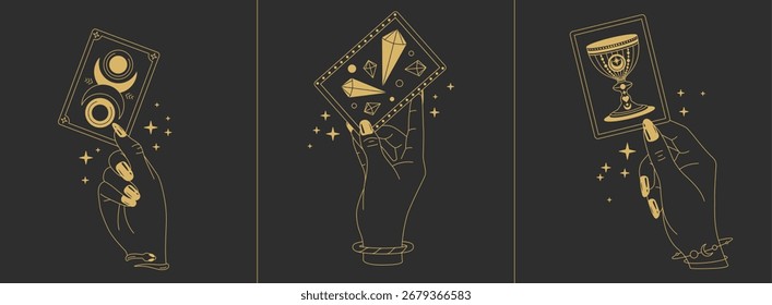 Conjunto de mágicas manos de arte de línea de brujería con cartas de tarot sobre fondo negro. Logotipo esotérico del gesto de la mano. Ilustración vectorial