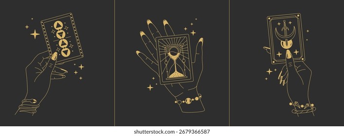 Zauberkunstzeiger mit Tarotkarten auf schwarzem Hintergrund. Esoterisches Handgesten-Logo. Vektorgrafik