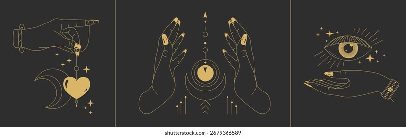 Set of magic witchcraft line art hands with magic elements. Esoteric hand gesture logo. Vector illustration