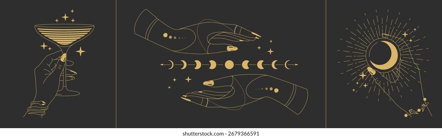 Set of magic witchcraft line art hands with magic elements. Esoteric hand gesture logo. Vector illustration