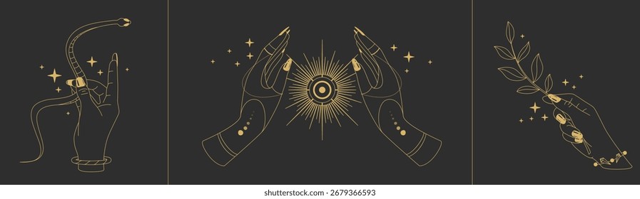 Conjunto de bruxaria mágica linha de mãos de arte com elementos mágicos. Logotipo esotérico do gesto da mão. Ilustração vetorial