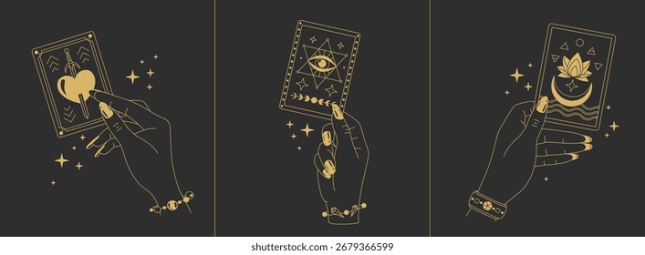Conjunto de magia bruxaria linha arte mãos com cartas de tarô em fundo preto. Logotipo esotérico do gesto da mão. Ilustração vetorial