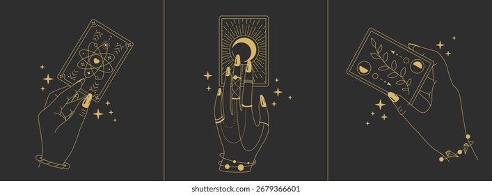 Zauberkunstzeiger mit Tarotkarten auf schwarzem Hintergrund. Esoterisches Handgesten-Logo. Vektorgrafik