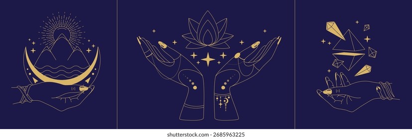 Conjunto de bruxaria mágica linha arte mãos com cristais, lótus e montanhas. Logotipo esotérico do gesto da mão. Ilustração vetorial