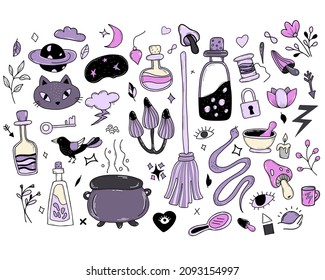 set of magic, witchcraft and occult items for witches. Amulets and ritual objects, cat and snake, love potion and magic mushrooms. Vector illustration. Isolated elements