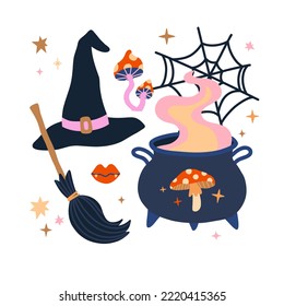 Set of magic, witchcraft and occult items for wit ches. Halloween illustrations : witch hat, witch’s cauldron, broom, fly agaric, cobwebs, fangs. Autumn holiday symbol in cartoon style. 