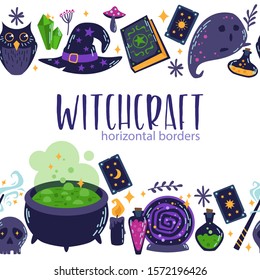 Set of magic witchcraft seamless horizontal border. Vector