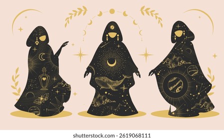 Conjunto de silhuetas de bruxaria mágica da figura feminina em um manto de bruxo e elementos de astrologia. Ilustração vetorial da arte da Linha Oculta