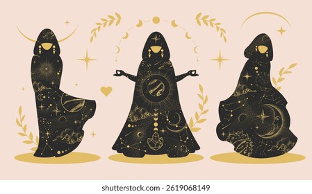 Set of  magic witchcraft  silhouettes of female figure in a wizard robe and astrology elements. Occult Line art vector illustration