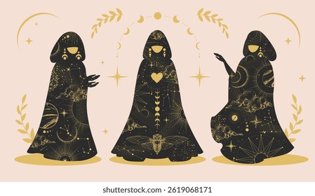 Conjunto de silhuetas de bruxaria mágica da figura feminina em um manto de bruxo e elementos de astrologia. Ilustração vetorial da arte da Linha Oculta