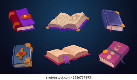 Conjunto de libros mágicos, abiertos y cerrados, cada uno con diseños únicos y símbolos místicos. Ilustración vectorial
