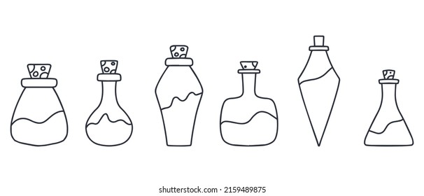 A set of magical bottles. A set of jars of poison. Vector illustration. Doodle style.