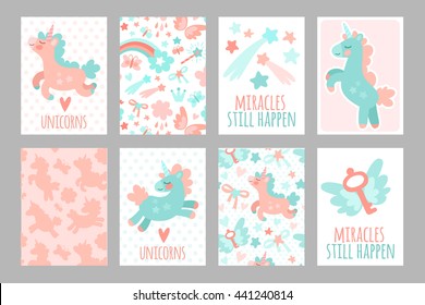 Set of magical cards with unicorns. Stars, unicorns, hearts and magic.
